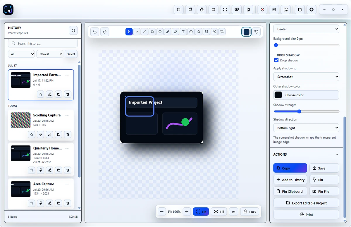 BetterScreenShot editor with editable annotations, History, canvas controls, and export actions