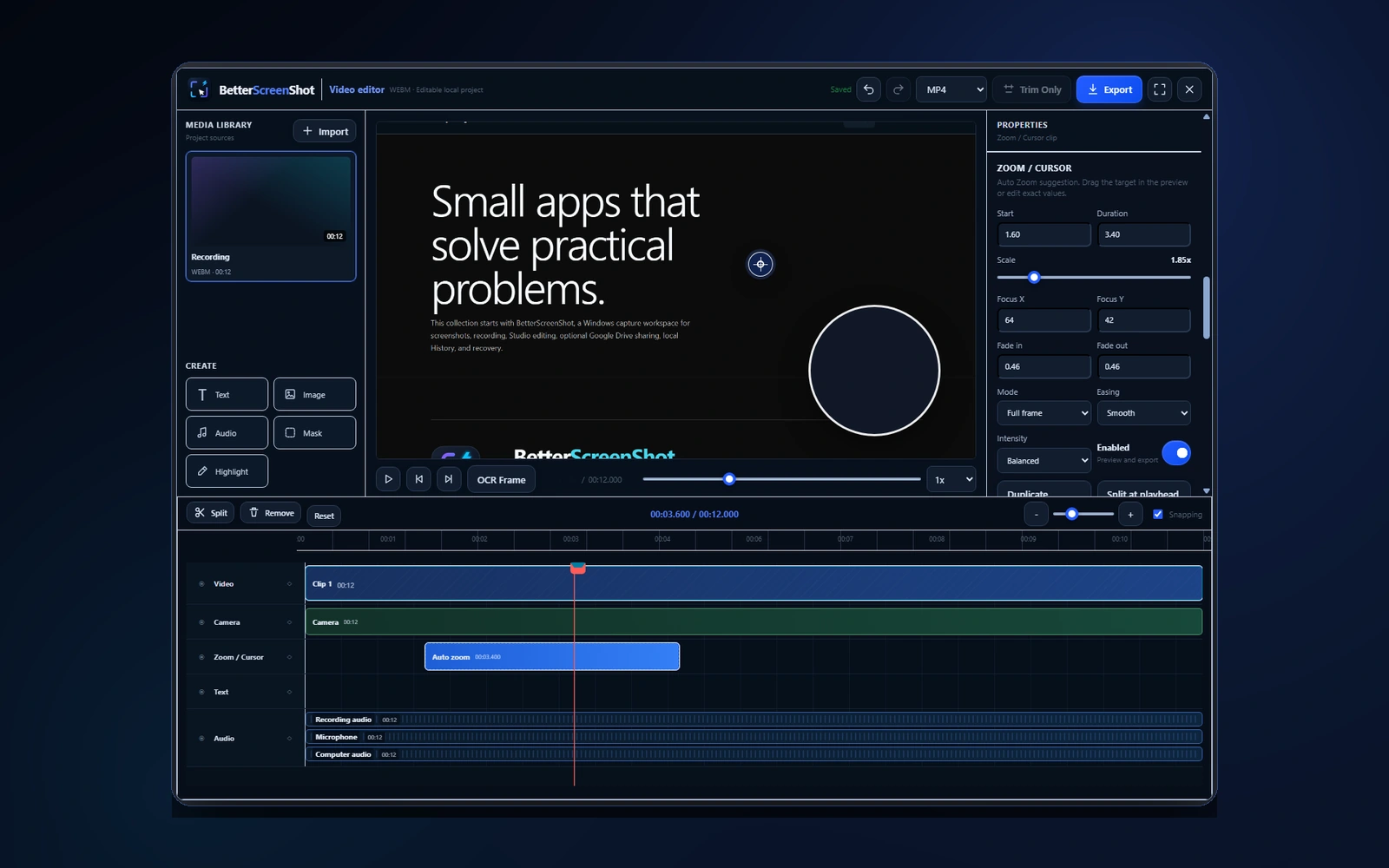 BetterScreenShot Studio video editor with screen recording Auto Zoom timeline