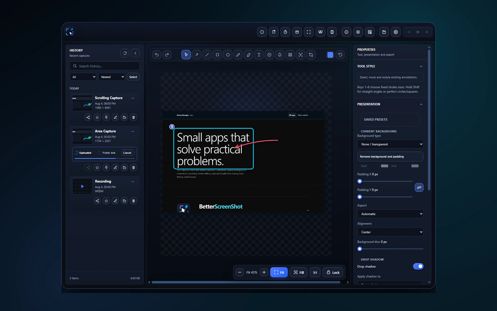 BetterScreenShot editor with screenshot annotation and presentation tools