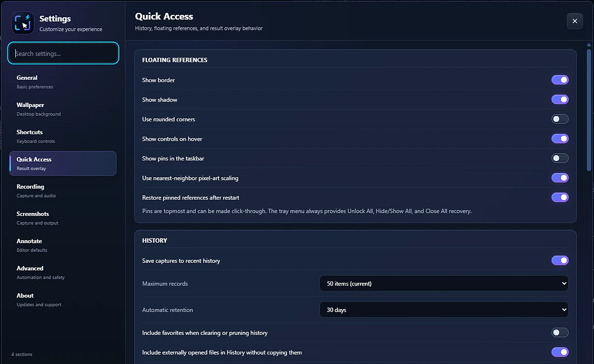 BetterScreenShot settings for Quick Access behavior and History retention