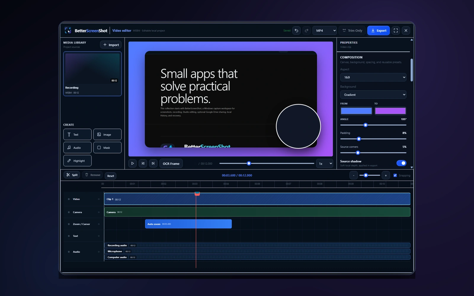 BetterScreenShot video editor composing a screen recording in Studio