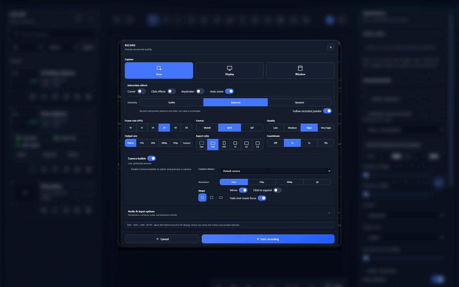 BetterScreenShot Windows screen recorder setup with source, video, audio, camera, and Auto Zoom options