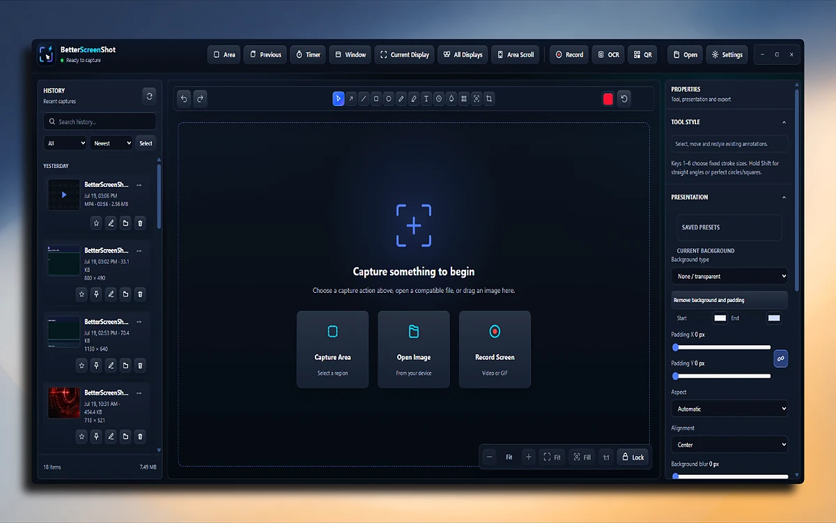 BetterScreenShot workspace with capture modes, recent History, annotation tools, and screenshot presentation controls