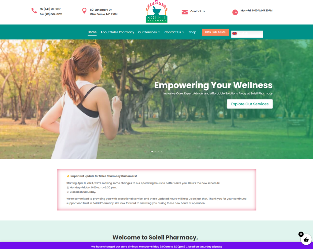 Website design for Soleil Pharmacy
